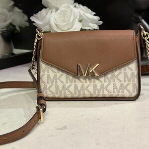 Michael Kors MK Logo Crossbody Bag Vanilla Brown Leather Trim Gold Chain
